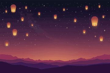 Vector art of a breathtaking pixel art illustration of numerous glowing sky lanterns floating across a starry night sky above silhouetted mountains