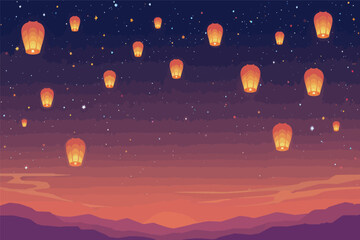 Vector art of countless glowing paper lanterns float across a starry night sky with a vibrant orange and purple gradient horizon