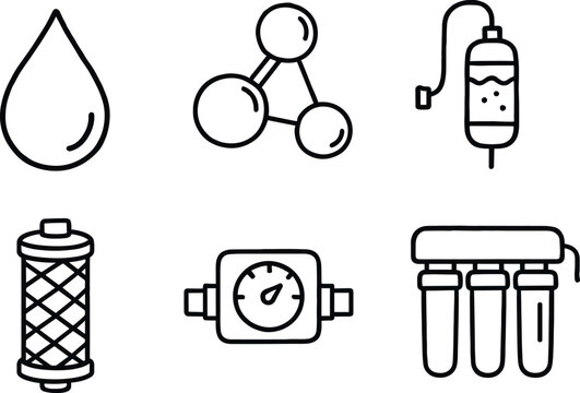 hand drawn cute doodle style isolated water droplet icon water molecule model water level sensor water filter cartridge water flow meter water purification unit