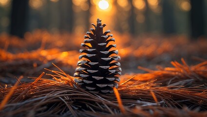 Pinecone resting on pine needles in golden forest light