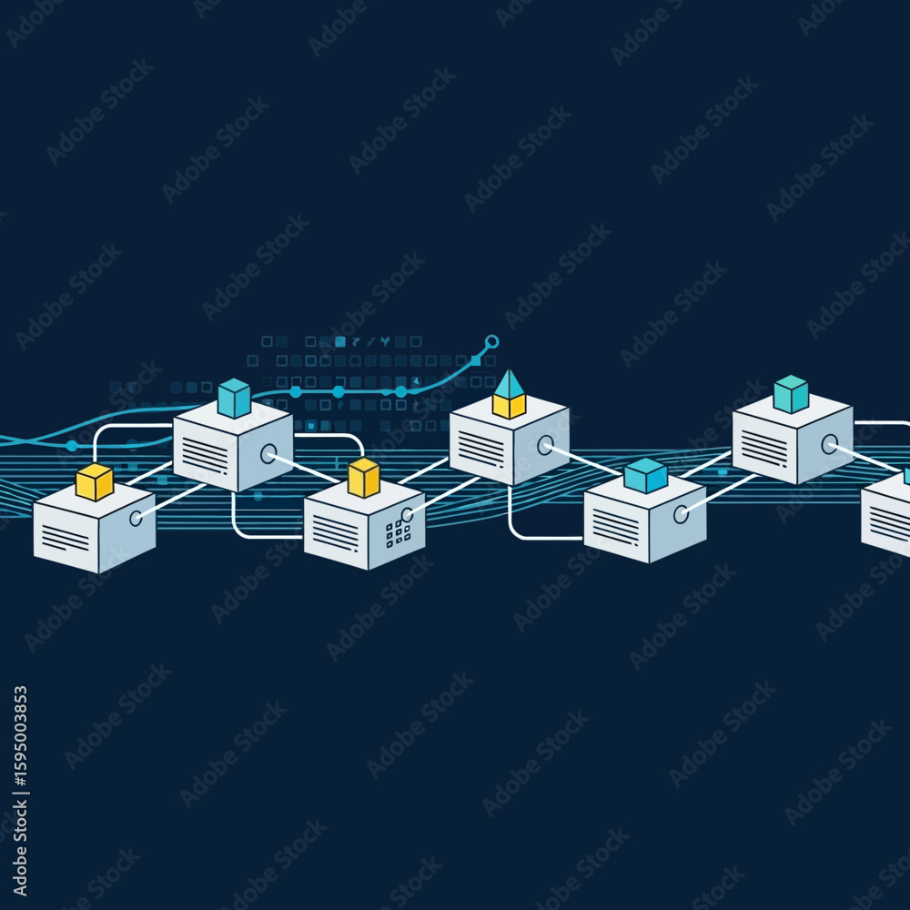 Poster abstract network connections with interconnected boxes and graphic data points, perfect for digital 