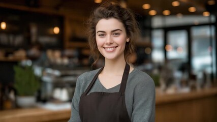 Smiling Cafe Worker: A cheerful cafe worker, adorned in a classic apron, radiates warmth and approachability in a cozy coffee shop.