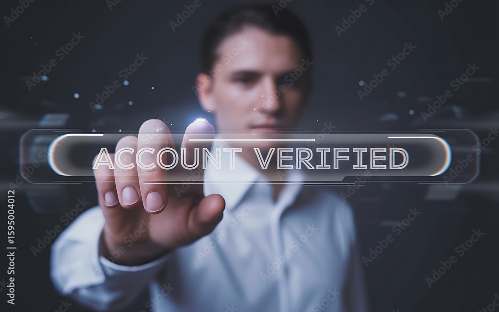 Poster man touching digital screen with account verified text finger