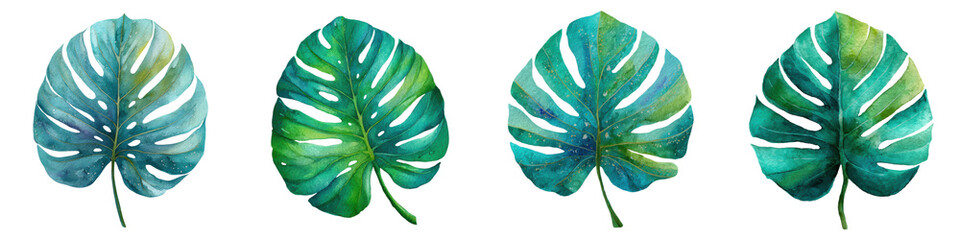Monstera leaf clipart set with green and blue watercolor foliage elements, artistic tropical plant design for decoration and nature themes