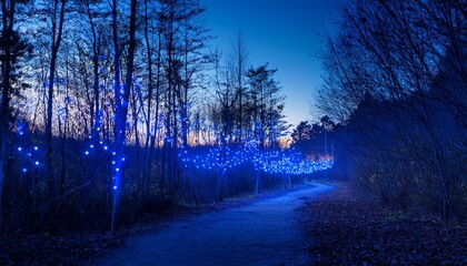 Obraz premium enchanting blue lights illuminate a forest path at twilight creating a magical atmosphere for evening strolls