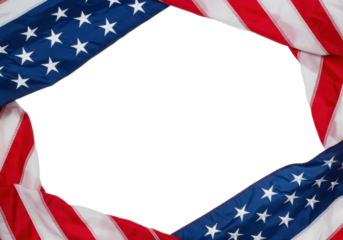 Vibrant American flag fabric with soft, natural folds and drapes creates a dynamic flowing border on a transparent studio background with ample copy space, isolated object concept for commercial