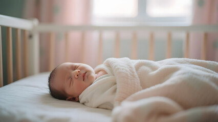 Newborn baby peacefully sleeping in a crib, wrapped in a soft blanket.