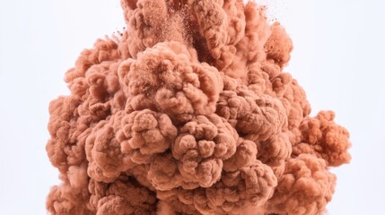 Fototapeta premium Dynamic explosion of pink-hued powder cloud against stark white background, showcasing dense clumps and fine particles dispersing with organic, chaotic motion.