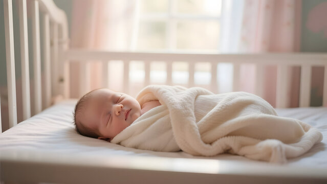 Newborn baby peacefully sleeping in a crib, wrapped in a soft blanket.