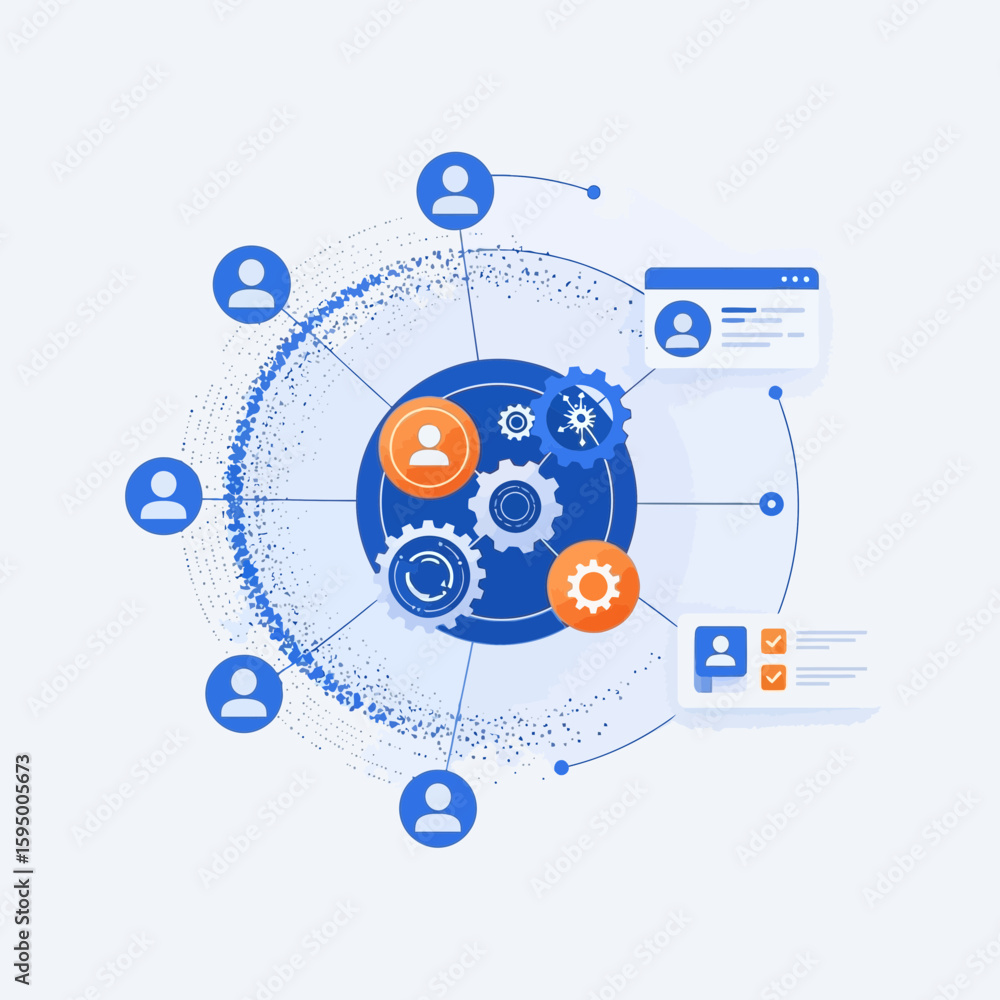 Poster connecting people, workflow and data for digital transformation, depicting business processes and sy