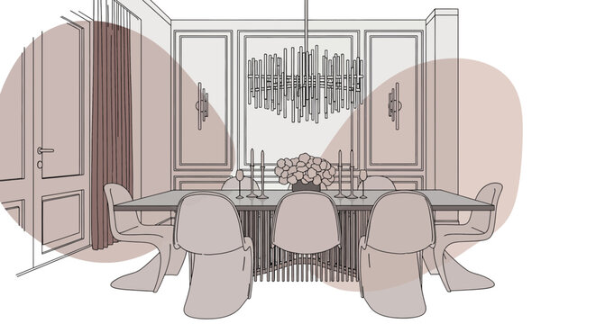 Elegant dining room with modern chandelier and seating arrangement