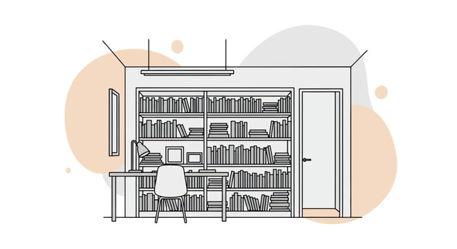 minimalist library room with desk and books clip art preview