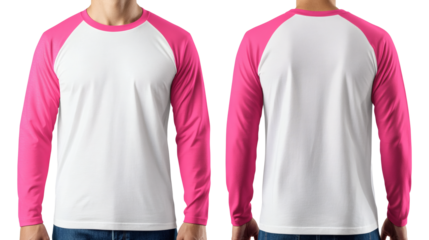 a raglan shirt with vibrant pink sleeves and a white body, offering a customizable apparel mock-up for graphic designs, transparent background