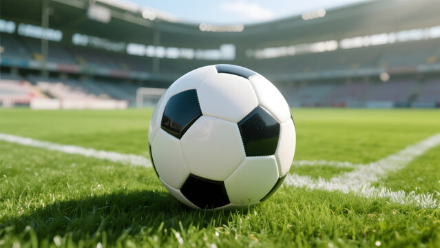 Soccer ball on a vibrant green field within an empty stadium