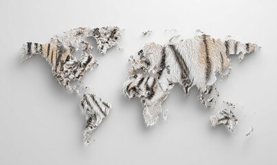 International Tiger Day - text made from tiger skin, world map background, stock photo, white and grey color palette,bottom of it says International Tiger Day, simple design, white isolated background