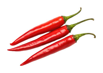 Close-up of three red chili peppers with vibrant green stems