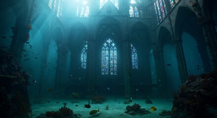 Sunken Cathedral with Stained Glass and Fish
