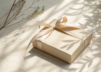 Simple beige gift box with satin ribbon on cream background with shadows, placed to one side for ad copy or promotion.