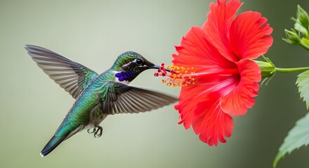 Colorful Hummingbird Feeding on Bright Red Hibiscus Flower in Midair Macro Shot
