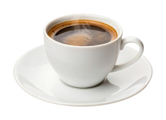 Steaming cup of coffee in a white ceramic mug