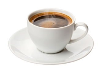Steaming cup of coffee in a white ceramic mug