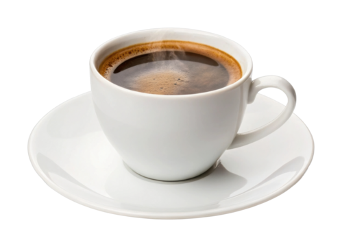 Steaming cup of coffee in a white ceramic mug