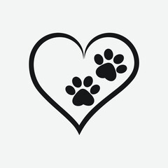Black heart outline with two black paw prints inside on a white background animal love © fazlay907