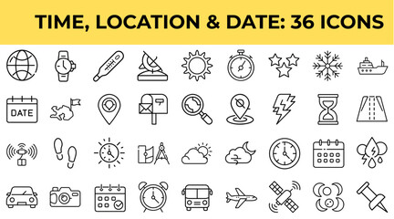 Time, location, and date icons in minimalist style for concepts  