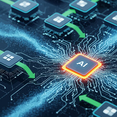 Artificial intelligence concept with glowing chip and circuit board connection, depicting data flow and modern technology solutions.