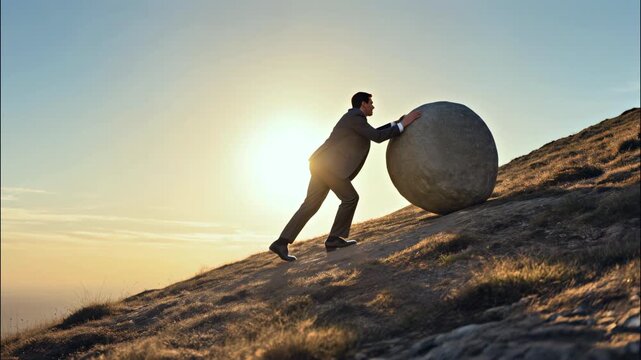silhouette Businessman Facing Challenge Pushing Boulder Uphill Symbolizing Perseverance and Effort