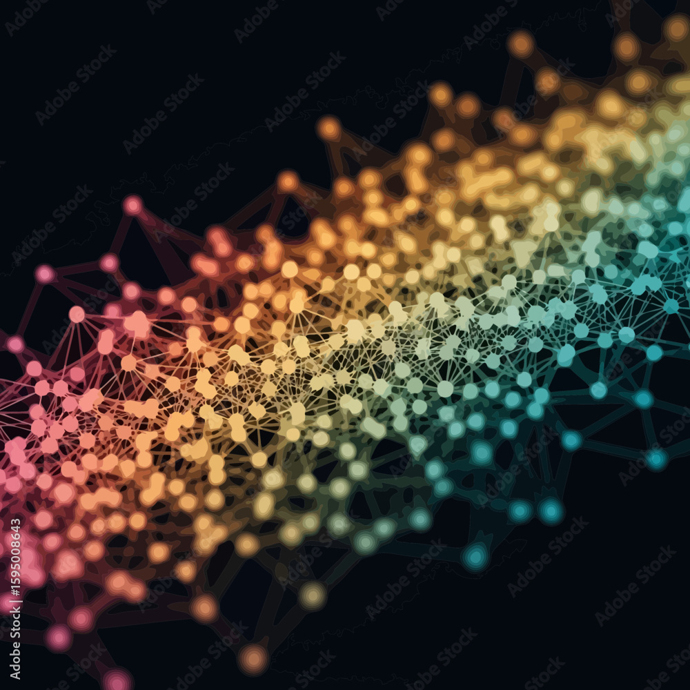 Poster abstract network design with colorful connected nodes and lines, ideal for modern technology concept