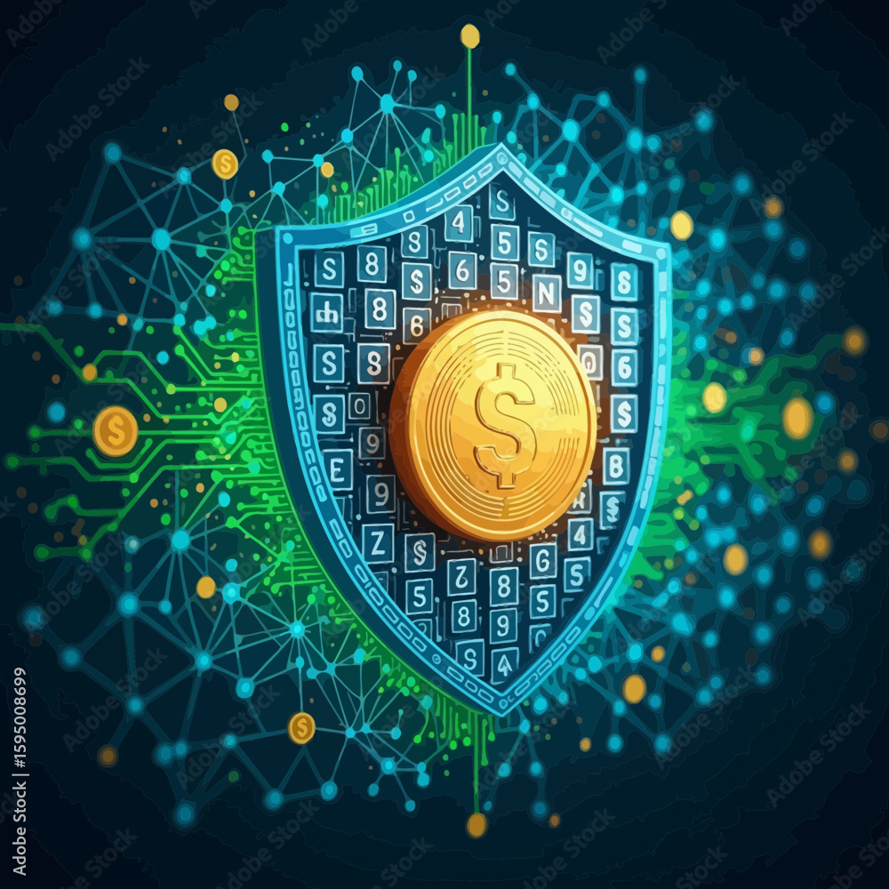 Poster secure digital currency graphic featuring a shield and golden coin, suitable for blockchain technolo