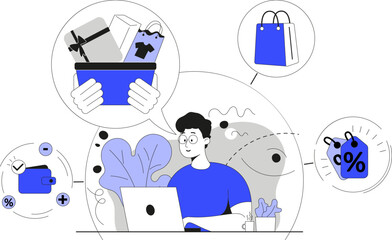 Man shopping online at his laptop surrounded by shopping-related elements in a digital illustration