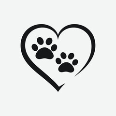 Black Paw Prints Inside Heart Shape on White Background animal love