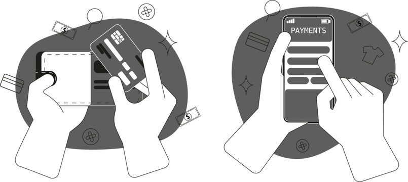 Digital illustration of contactless payment options highlighting cash and card use