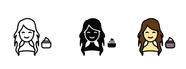 set of pixel perfect colored Hair Treatment icon , 1 Silhouette, 1 Unexpanded, Icon showing hair with product indicating deep treatment.