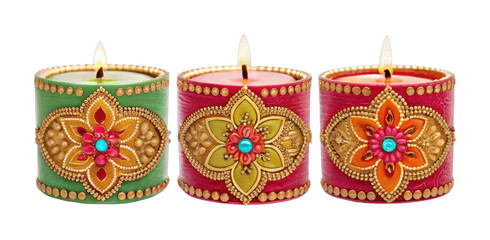 Decorative diwali candles with floral patterns and gemstones