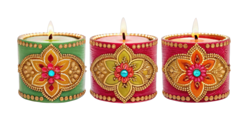 Decorative diwali candles with floral patterns and gemstones