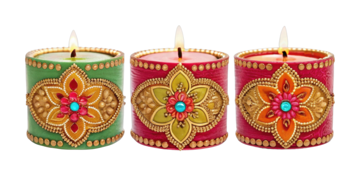 Decorative diwali candles with floral patterns and gemstones