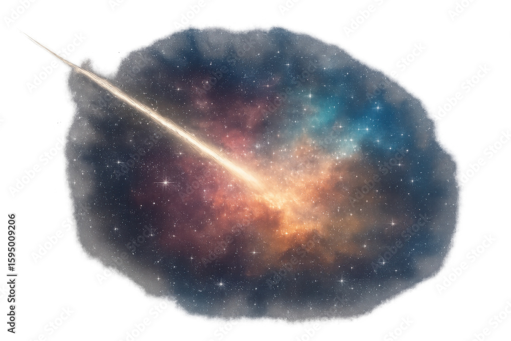 Poster bright comet is flying through a colorful nebula on a transparent background, creating a breathtakin