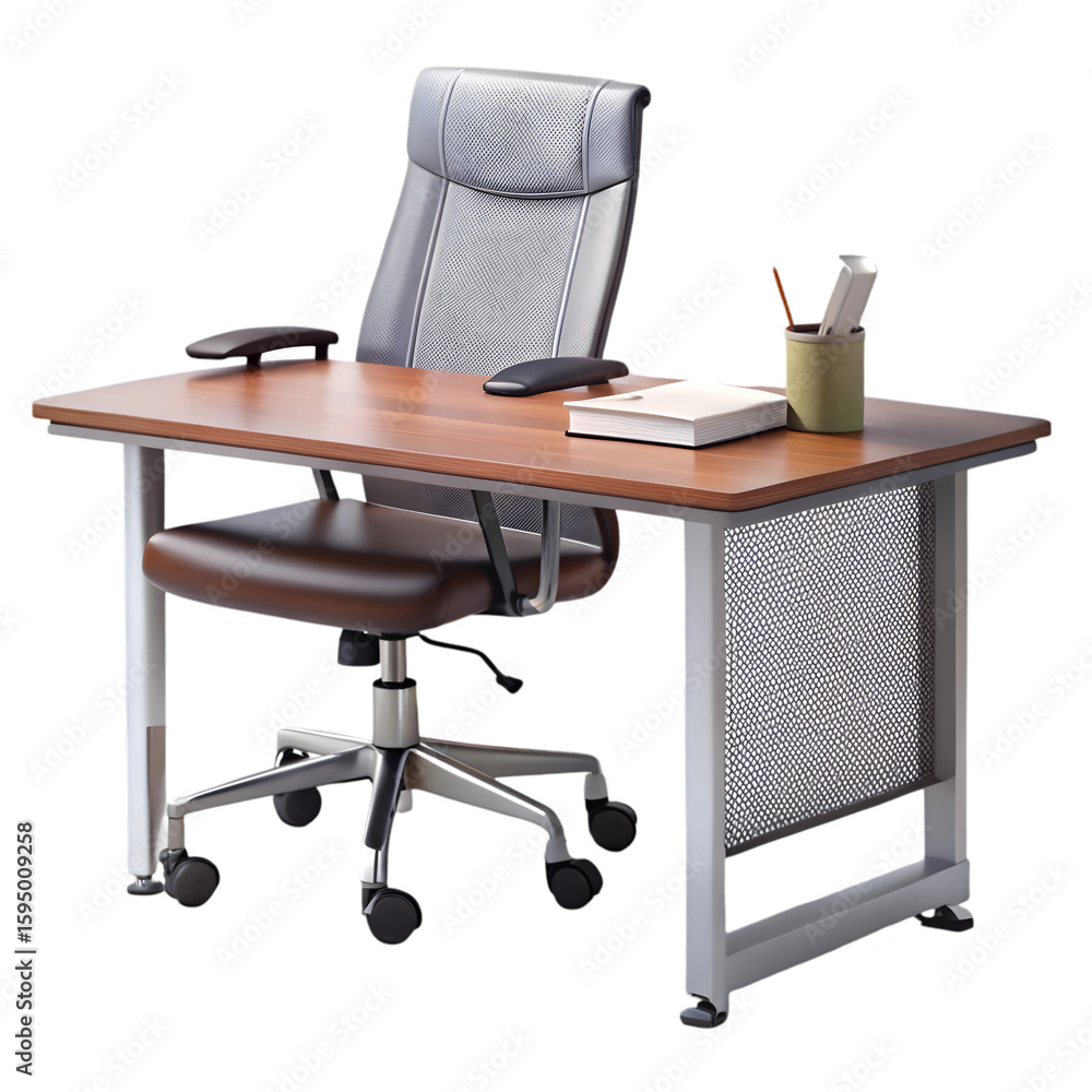 Poster office table with book 3d rendering illustration and chair on transparent background for workspace u