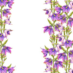 Watercolor illustration of purple bellflower with green stem frame. for packaging of natural cosmetics, home fragrances herbal tea greeting cards, wedding decor botanical books and textile prints