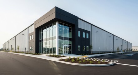 Obraz premium Modern Industrial Warehouse Building Facade with Large Glass Entrance