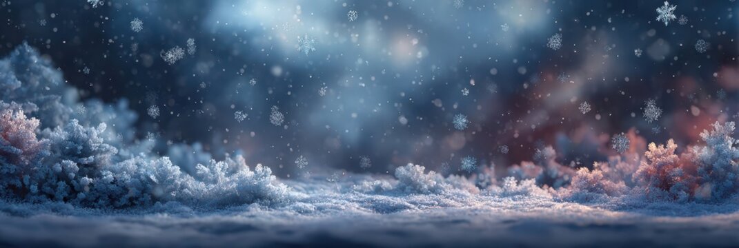 Snowflakes gently falling over a serene winter landscape with soft clouds at twilight