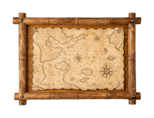 Vintage nautical map with wooden frame displaying compass rose and coastal details