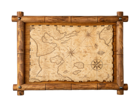 Vintage nautical map with wooden frame displaying compass rose and coastal details