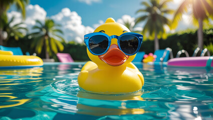 Trendy Yellow Rubber Ducky Wearing Sunglasses – Fun and Vibrant Bath Toy Character on White Background