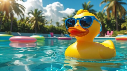 Trendy Yellow Rubber Ducky Wearing Sunglasses – Fun and Vibrant Bath Toy Character on White Background