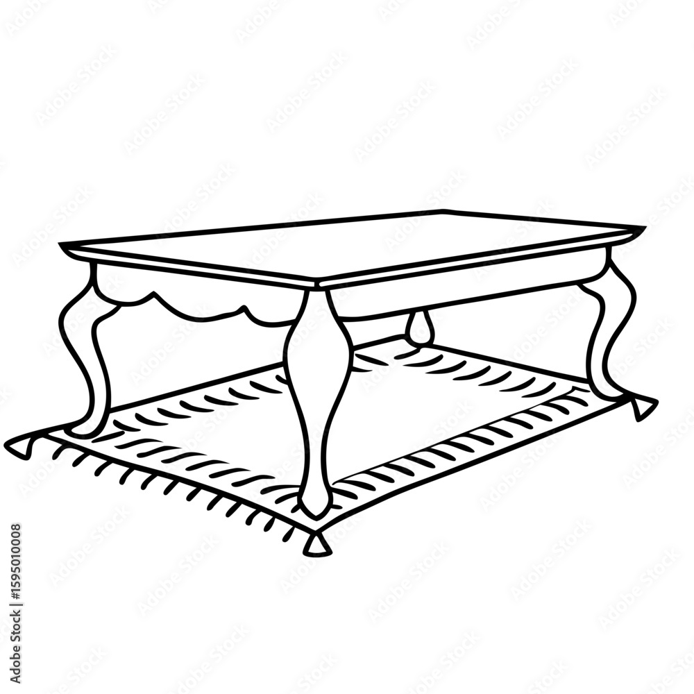Poster line art of table on a rug showing furniture resting on floor covering. table on a rug setup include