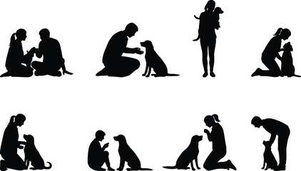 Dog companion silhouettes, sitting and standing poses, pet interaction, human bond, vector flat design, black illustration, cad drawing style
